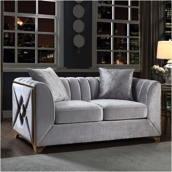 JERFIT Modern Silver Velvet Loveseat Sofa with Gold Accents for Contemporary Living Room