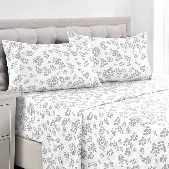 Lux Decor Microfiber Floral Bed Sheets King, 4 Piece Deep Pocket Fitted Sheet, Flat Sheet, Pillowcases- White Grey