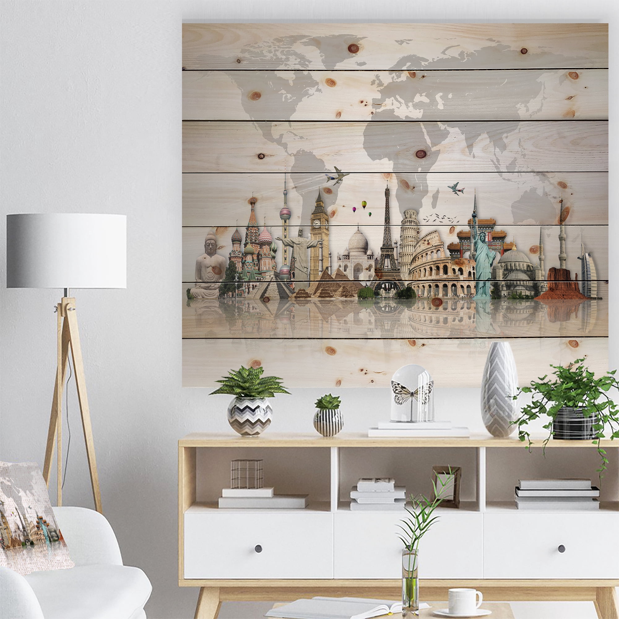 Designart 'World Famous Monuments' Print on Natural Pine Wood
