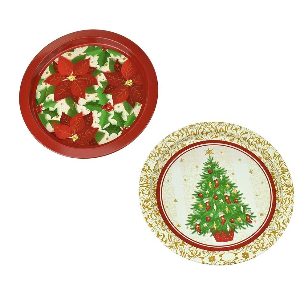 Round Metal Christmas Tin Trays, 10Inch, 2Piece