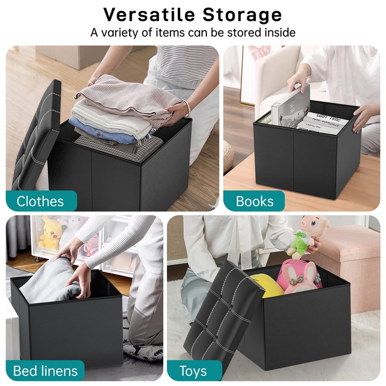 Cshidworld Storage Ottoman Footstool, 15in Folding Leather, Black photo 3