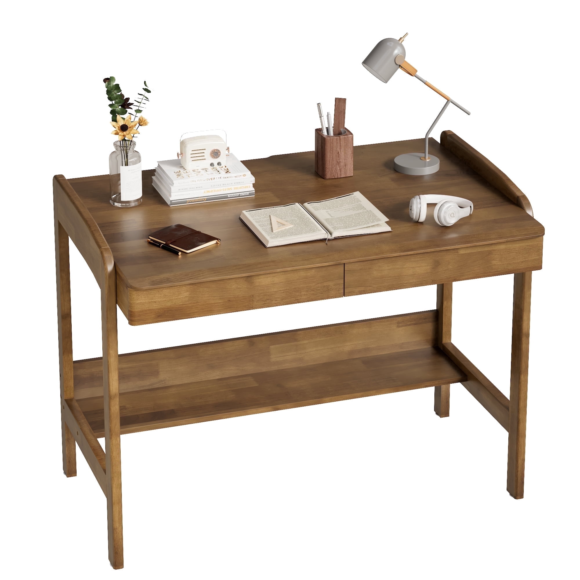 BESKADI 100% Solid Wood Desk with Drawers - 40 Inch Mid Century Modern Desk, Vintage Desks with Storage Shelf, Adjustable Height Writing Computer Desks with Cable Hole, Walnut Color