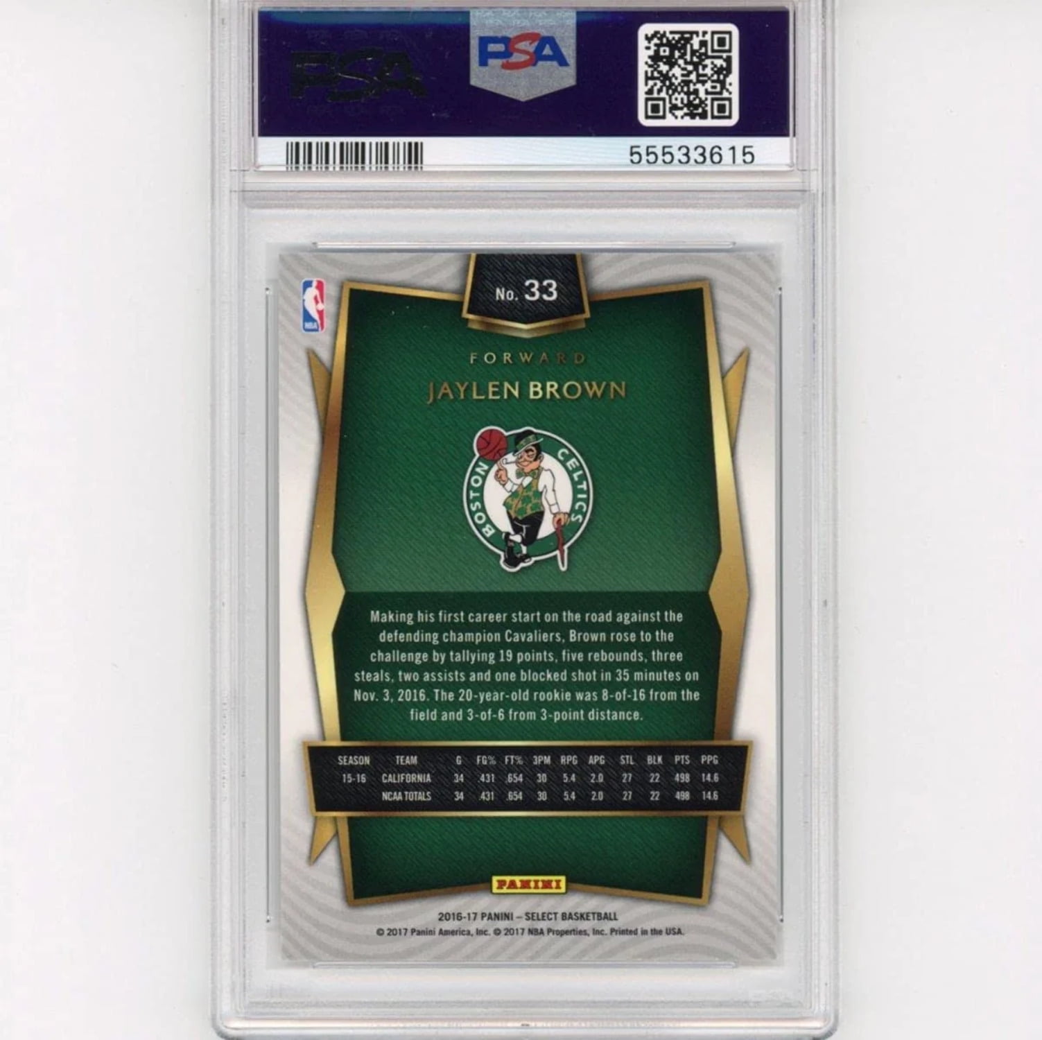 Graded 2016-17 Panini Select Jaylen Brown #33 Rookie RC Basketball 