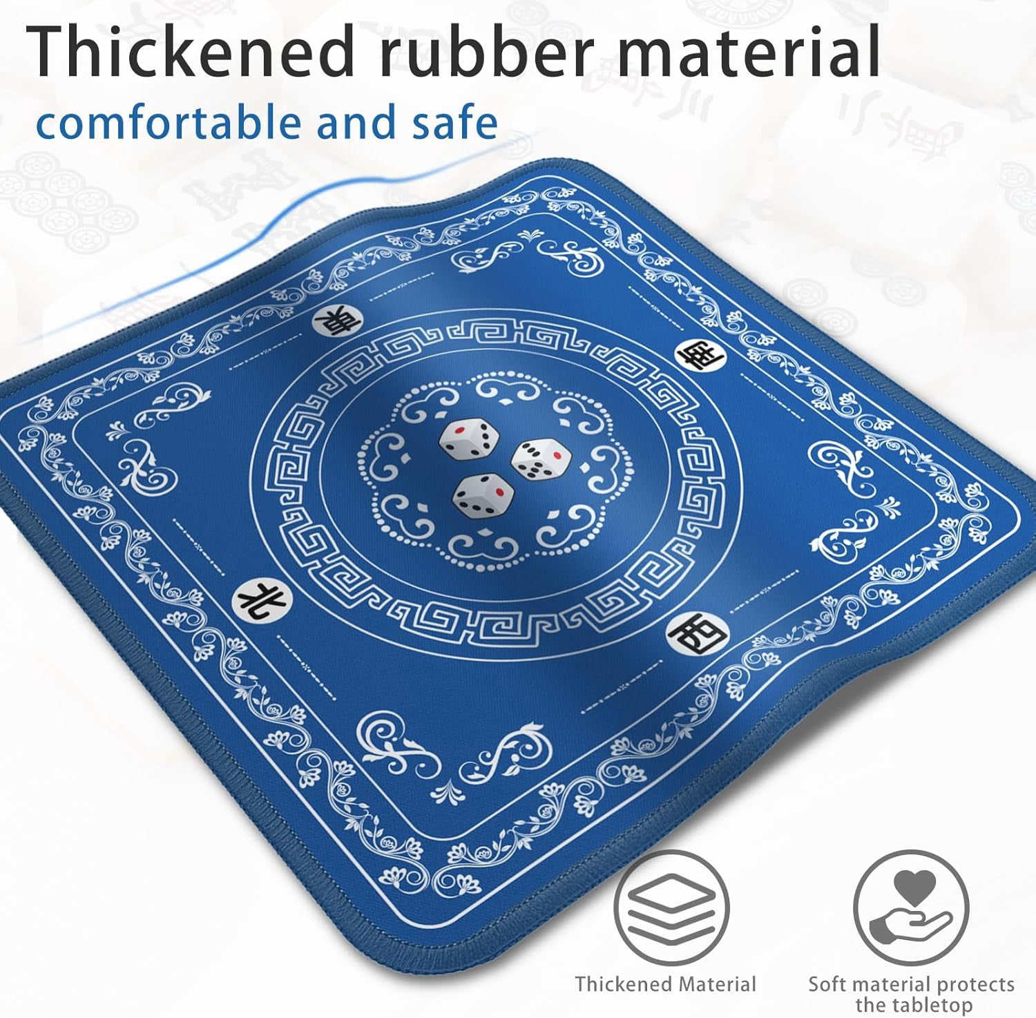 Mahjong Mat - Elegant Blue with Lace Trim | Non-Slip Rubber Gaming Mat & Noise Reducer | for Mahjong Tiles, Poker, Cards, Dominoes, Board Games | 31.5x31.5 Inch