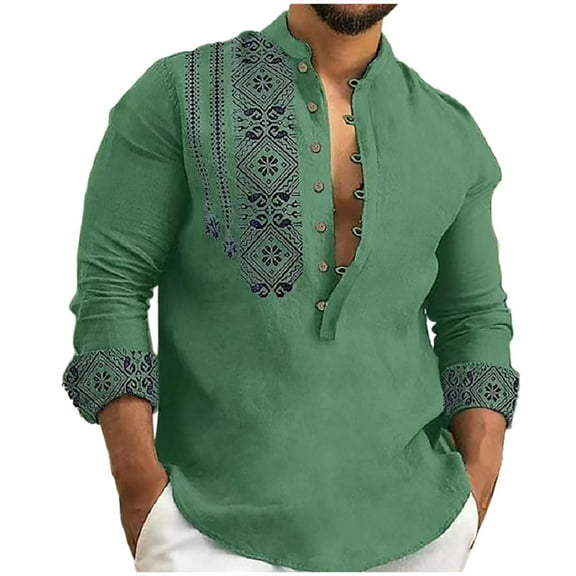 Yaoyar Mens Button Up Cotton Linen Shirt Long Sleeve Casual T Shirts Floral Print Beach Party Yoga Tops