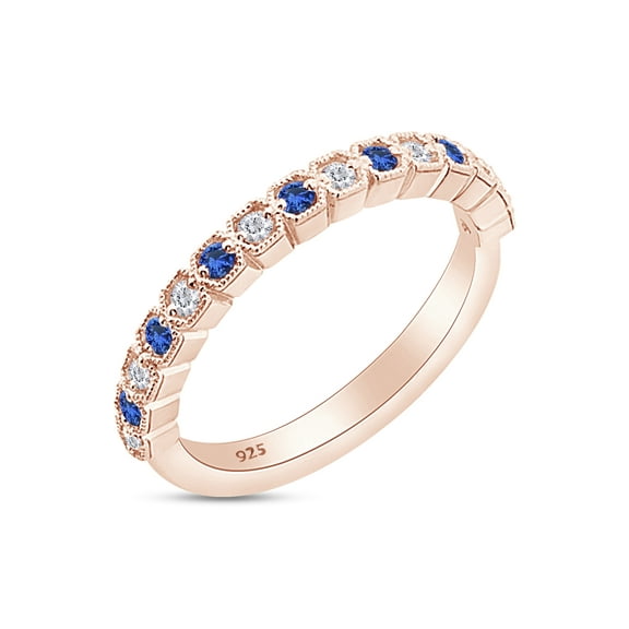 2/5 Cttw Round White Natural Diamond Half-Eternity Wedding Band with Blue Sapphire in 14K Gold Over Sterling Silver (0.41 Cttw)