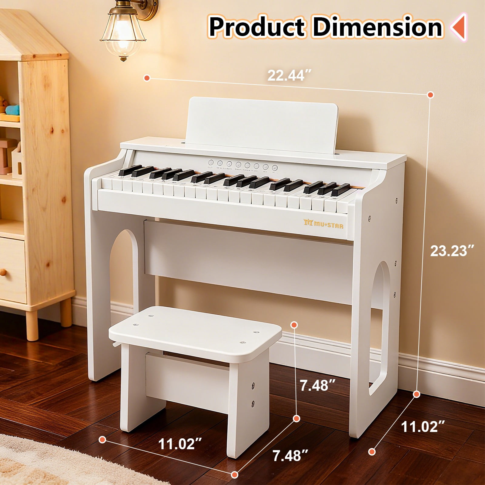 Mustar 37 Keys Kids Wooden Electronic Digital Piano Keyboard with Stool, Songbook, DIY Stickers (White)