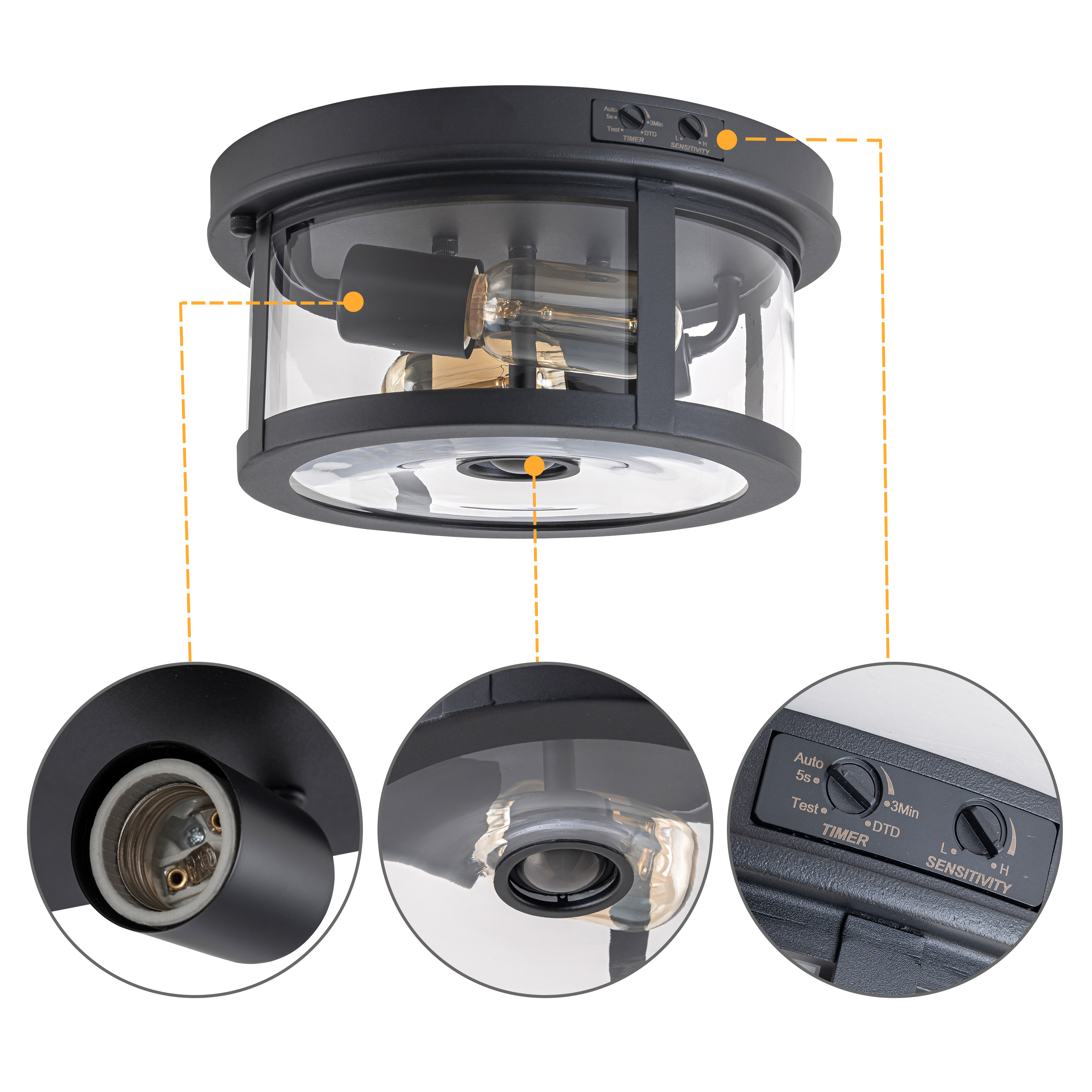 C Cattleya 2-Light Black Motion Sensor Dusk to Dawn Outdoor Flush Mount Ceiling Light with Clear Glass Shade