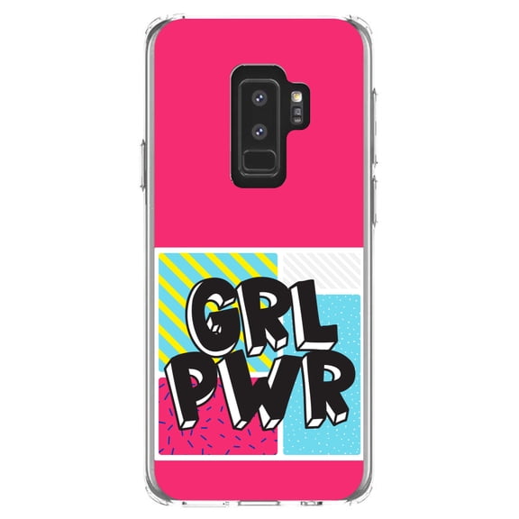 DistinctInk Clear Shockproof Hybrid Case for Samsung Galaxy S9  PLUS (6.2" Screen) - TPU Bumper, Acrylic Back, Tempered Glass Screen Protector - Girl Power - GRL PWR - Pink Background