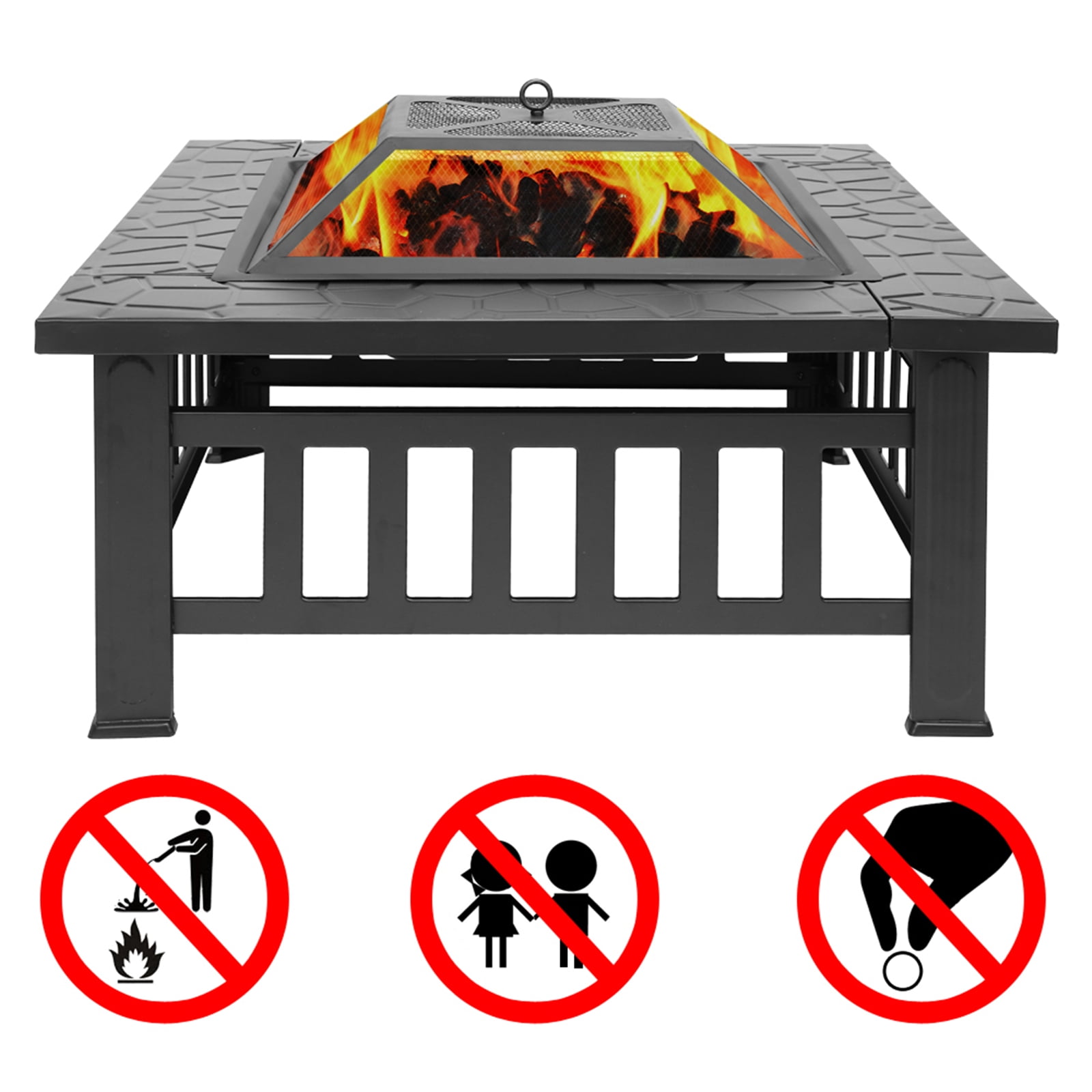 Segmart Fire Pit for Outside, 32'' Outdoor Wood Burning Fire Pit with Mesh Lid & Poker, Firepit Bowl with Spark Screen for Backyard Garden Patio Bonfire, Black