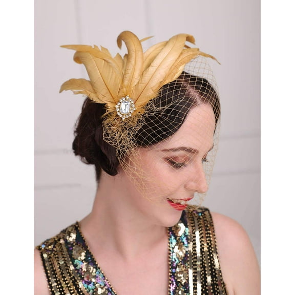 1920s Flapper Feather Hair Clip with Champagne Birdcage Veil Headpiece Prom Party Peacock Feather Fascinator for Women and Girls