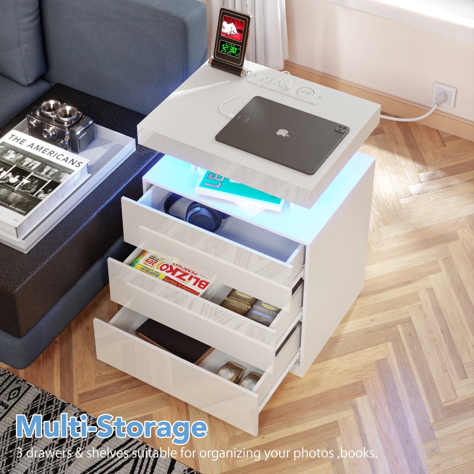 Hommpa Modern LED Nightstand with Charging Station USB Type C 3 Drawer Bedside Table High Gloss White Smart Nightstands End Side Table for Bedroom
