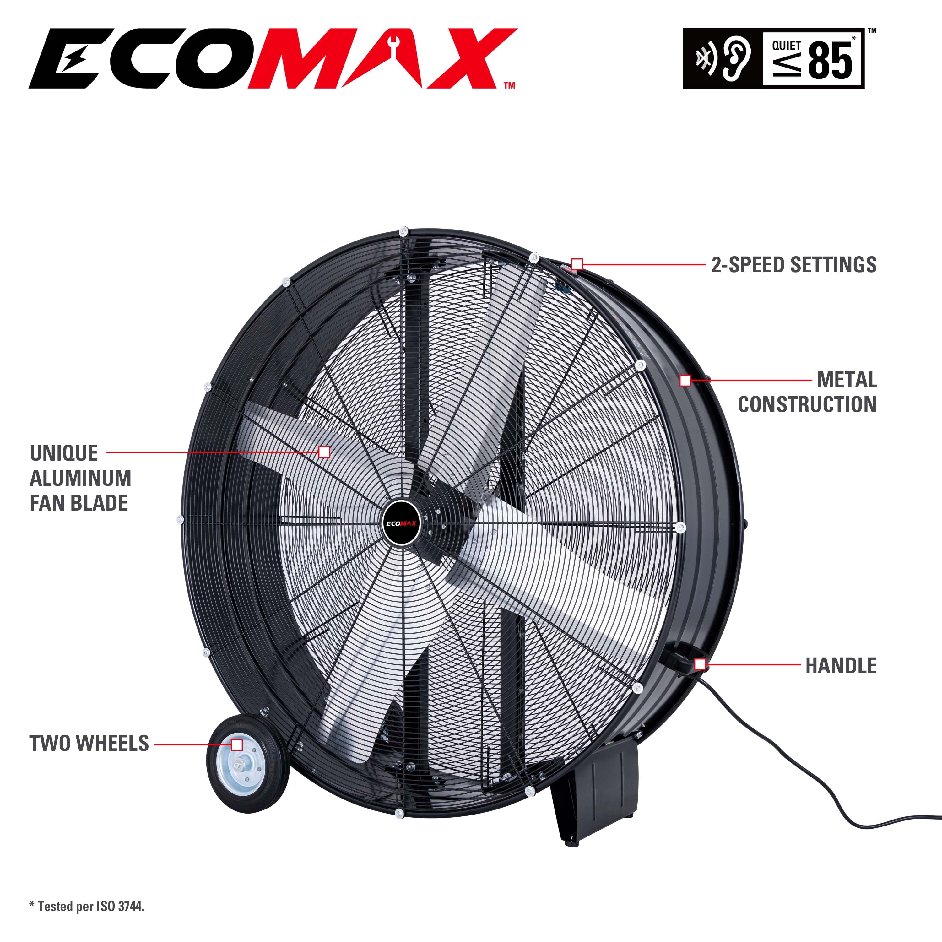 Ecomax EMF104218D 42" High Velocity Industrial Drum Fan – 2-Speed Black Floor Fan with Wheels