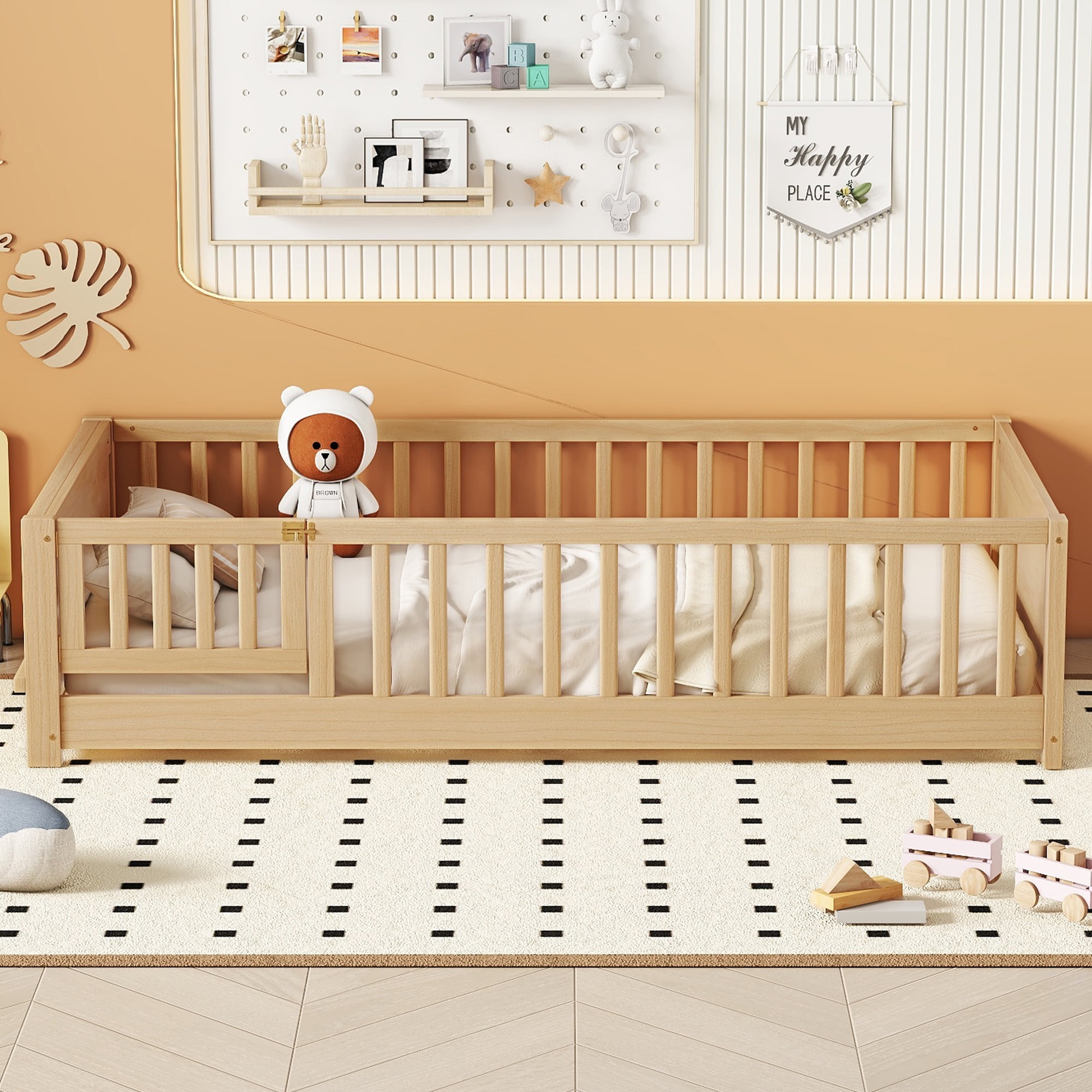 Miniyam Floor Bed, Twin Size Platform Bed Frame with Built-in Book Storage Rack, Door, Natural