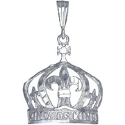 EJEWELRYPLUS Sterling Silver Crown Charm Pendant Necklace with Diamond Cut Finish and 24 Inch Figaro Chain