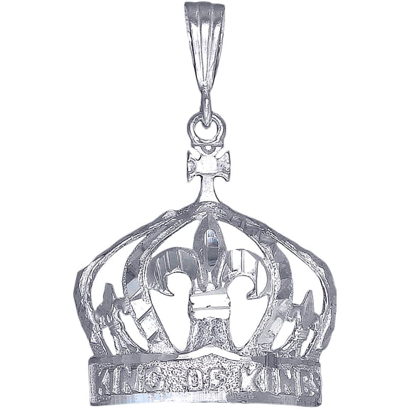 Sterling Silver Crown Charm Pendant Necklace with Diamond Cut Finish and 24 Inch Figaro Chain