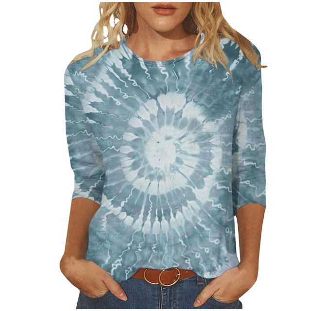 Wanfds Blue Ladies Tops Short Sleeve Crew Neck Three-Quarter Sleeve Top S