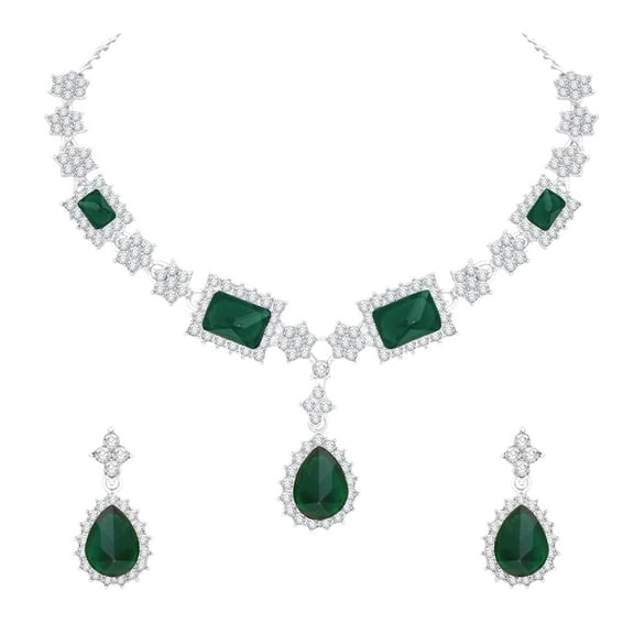 Parshwa Creations Indian Women's Jewelry Set, Silver Plated Rhinestone Crystal Drop Prom Party Accessories Wedding Bride Earrings Necklace Set