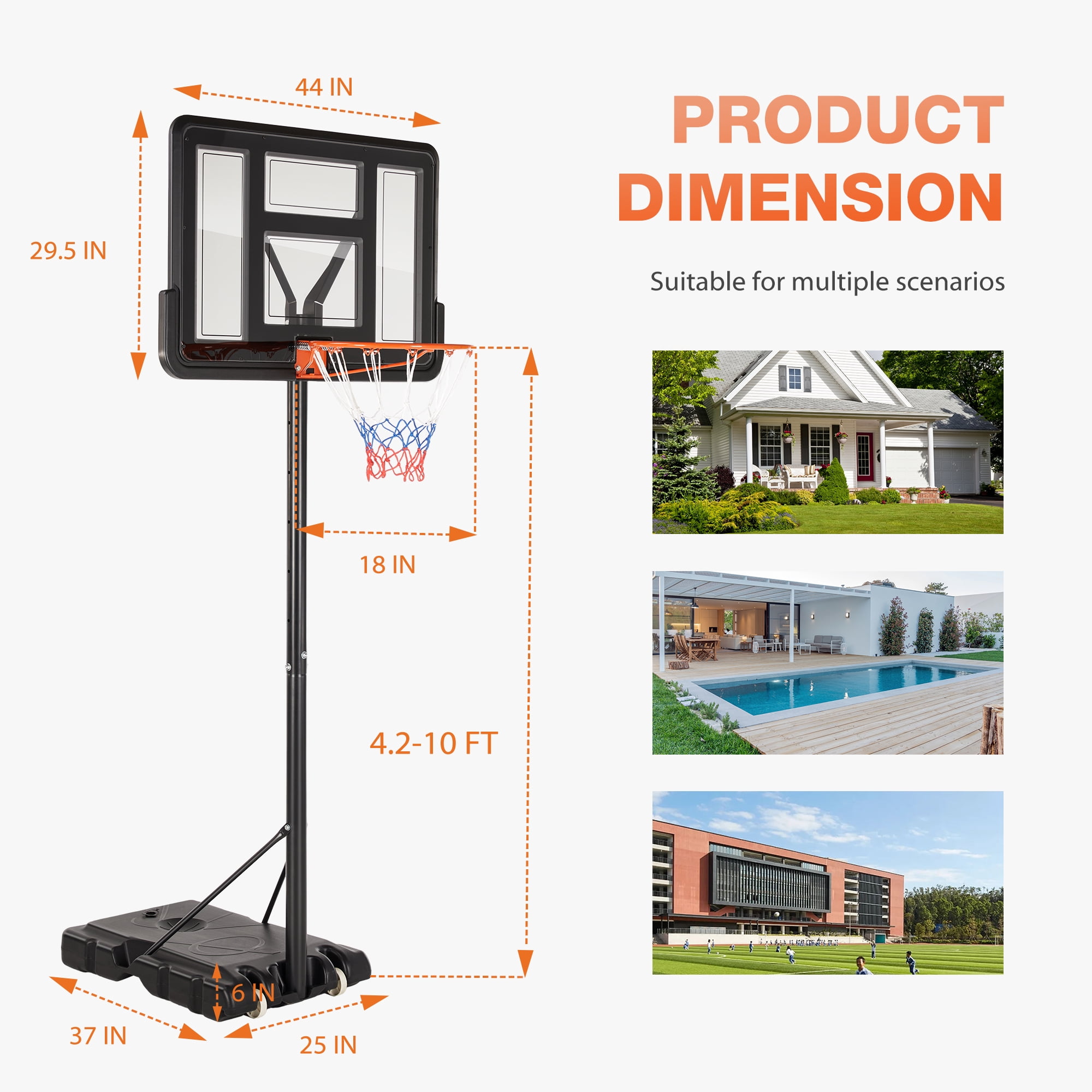 JOINSUN 4.2-10ft Basketball Hoop with Adjustable Height, Shatterproof Backboard for Kids, Adults