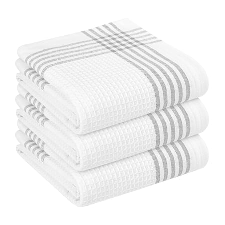 HEIRLOOM COMFORT Grey and White Cotton Kitchen Towels 3 Pack 16x26 Inch Waffle Weave Quick Dry Absorbent Durable Dish Towels for Drying Cleaning Cooking Daily Kitchen Use
