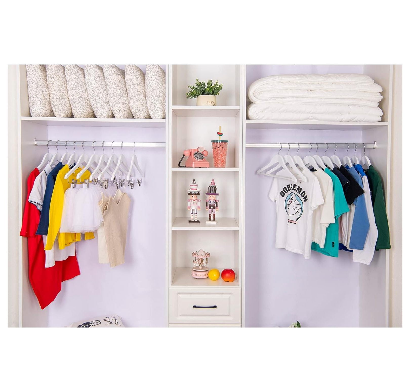 Junior Wooden Hangers 14 Inch - 20 Pack Kids Clothes Hangers with Swivel Hook, Nonslip & Pant Bar - White Youth Hangers for Clothes