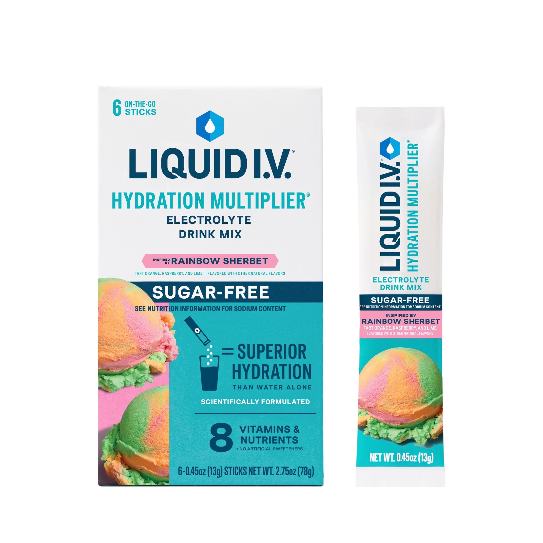 (12 pack) Liquid I.V.® Rainbow Sherbet Hydration Multiplier® Sugar-Free Powdered Electrolyte Drink Mix, 6 Count Packets