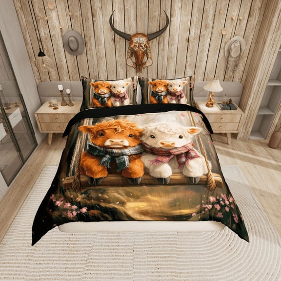 Erosebridal Cute Little Highland Cow Duvet Cover Twin, Rustic Swing Pink Floral Bedding Sets Twin Size, Farmhouse Decor, Reversible 2 Pieces (No Comforter)