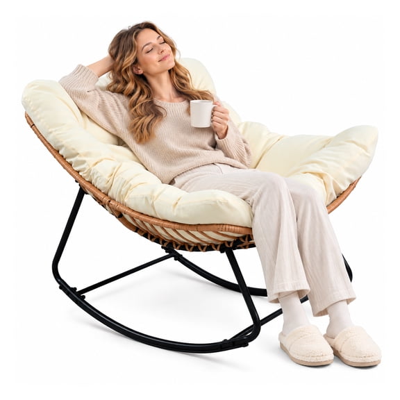 Hoffeorrad Outdoor Rocking Chair, Compact Papasan Egg Style with Thick Cushion, Comfy Patio Lounge Chair for Balcony, Porch and Living Room, 350 lbs Capacity