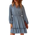 thumbnail image 1 of Vestido de línea A, manga larga abombada, cordón, cuello en V, cintura, vestido informal adelgazante para verano, 1 of 6