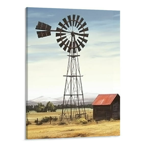 Creowell Farmhouse Picture Wall Art Framed: Rustic Country Barn Windmill Print Farm Landscape Artwork Decor Western Highland Cow Painting for Bedroom Living Room (16x20in)