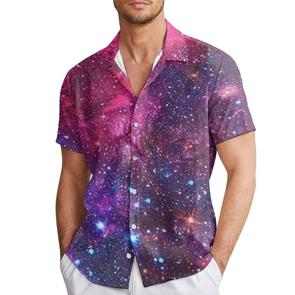 Ediodpoh Male Print Casual Crewneck Galaxy Graphic Plus Size Short Shirt Lapel Fully Printed Printed Shirt Shirts for Men Dark Purple XXL