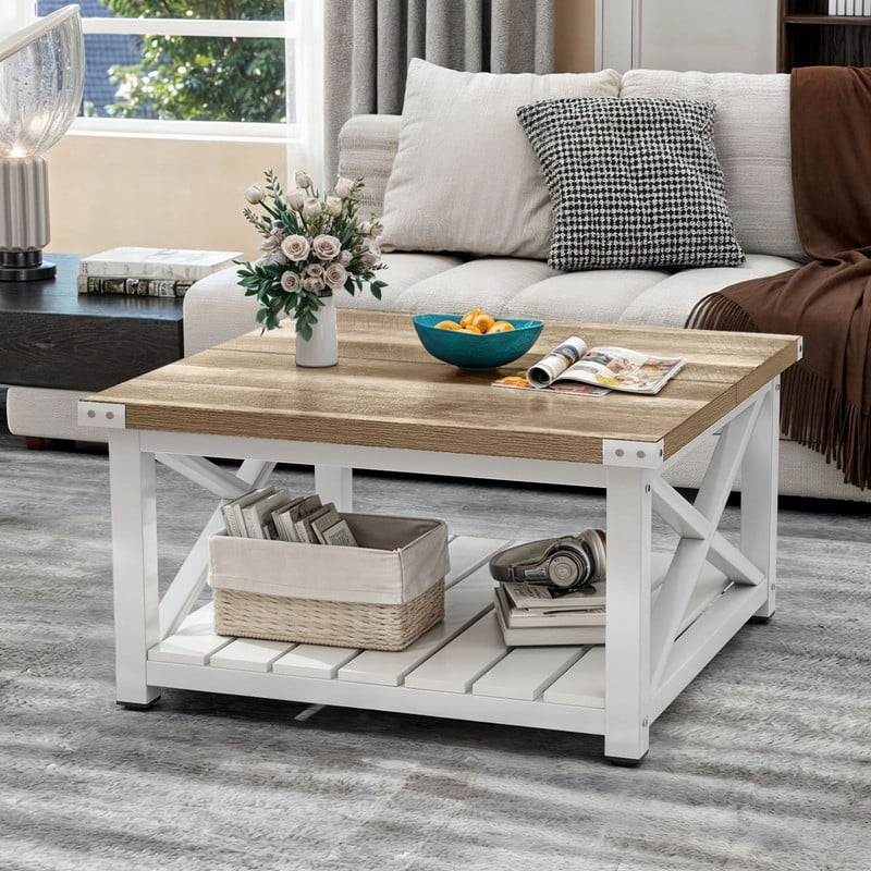 Uforic Farmhouse Coffee Table Square Wood Center Table with Storage for Living Room, Gray Wash