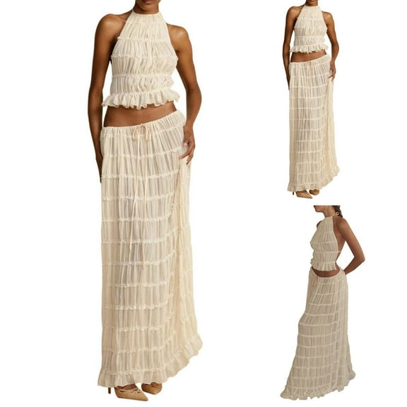 Riforla Women's Chiffon Pleated Maxi Skirt and Neck Crop Top Set with Wooden Bead Trim 2 Piece Sets Women Outfit White M