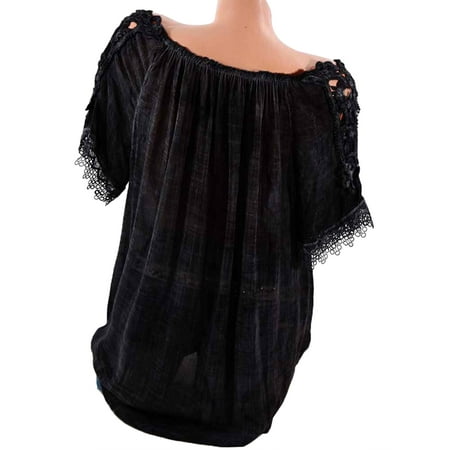 Vintage Pattern Jumper Blouse - Women Semitransparent Off Shoulder Casual Tops Blouses Ladies Oversized Tops Lace Crochet Short Sleeve Vintage T-Shirt Casual Loose Pullover Jumper