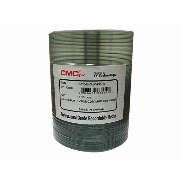 CMC PRO/TAIYO YUDEN CD-R 80MIN/700MB 48X Valueline White Hub Inkjet Printable Surface, No Stacking Ring Surface 100pcs Bulk Clear Wrap