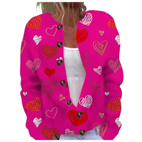 Women's Valentine Cardigan Lightweight Crew Neck Heart Printed Coat