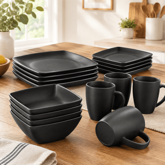 16-piece Plastic Wheat Stsquare Dinnerware Set For 4 Unbreakable Dinner Plates Salad Snack Mugs Dishwasher Safe Black
