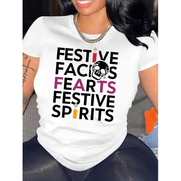 Camiseta Para Mujer De Verano Con Cuello Redondo Para Mochilero, Viajes, DesplazamientosWomen'S Festive Colorful Print T-Shirt, Fashionable Round Neck Short Sleeve, Casual Sporty Tee, Comfortable Su