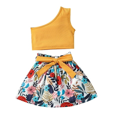 

Child Girls Sleeveless Suspenders Ribbed Tops Summer Flowers Printed Skirts Outfits Infant Baby Fashion Dailywear Child Clothing