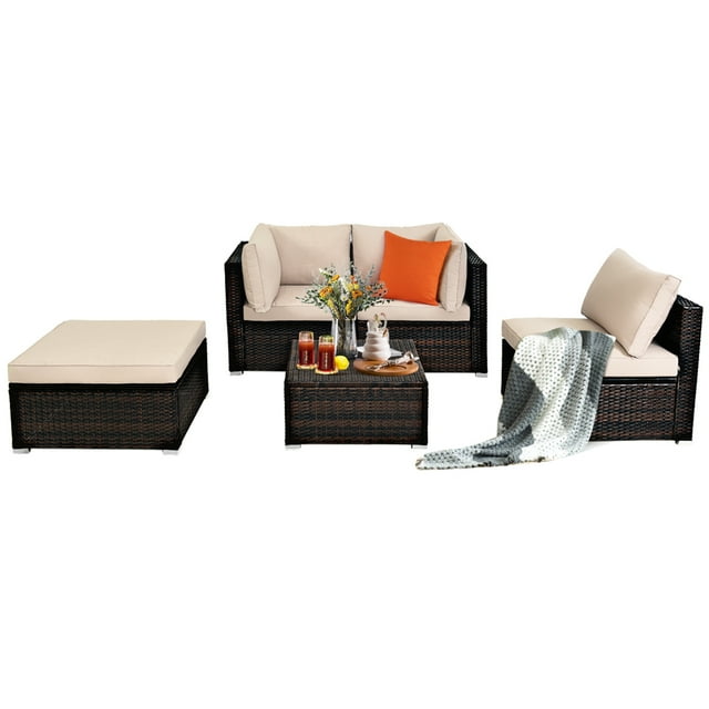Patiojoy 5-Piece Outdoor Patio Sectional Rattan Wicker Conversation Sofa Set with Yellowish Cushions