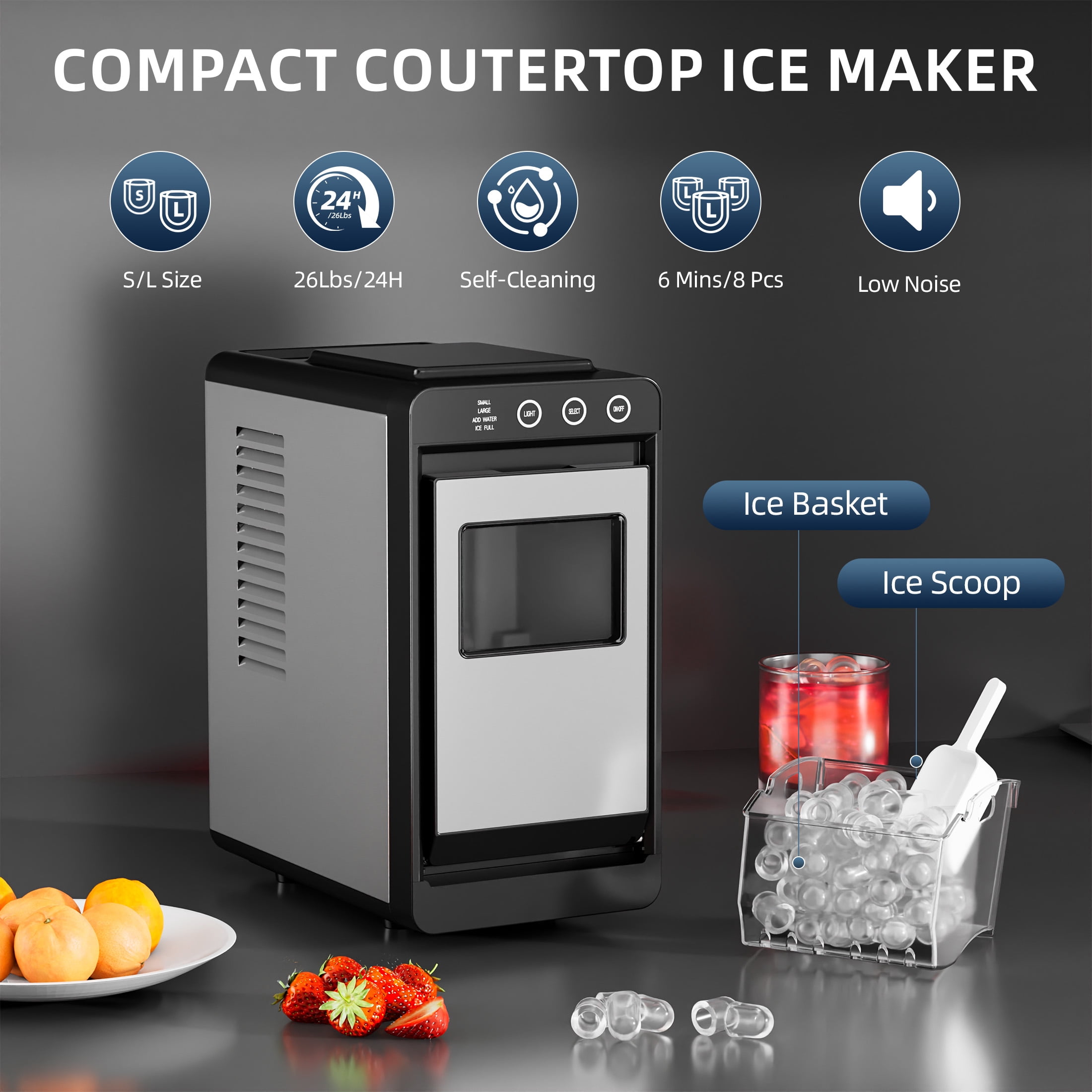 Auseo Countertop Ice Maker Portable, 26 lbs/Day, 8Pcs in 6Mins, Auto-Cleaning, Ice Machine with Ice Scoop, for Home/Office/Party, Silver