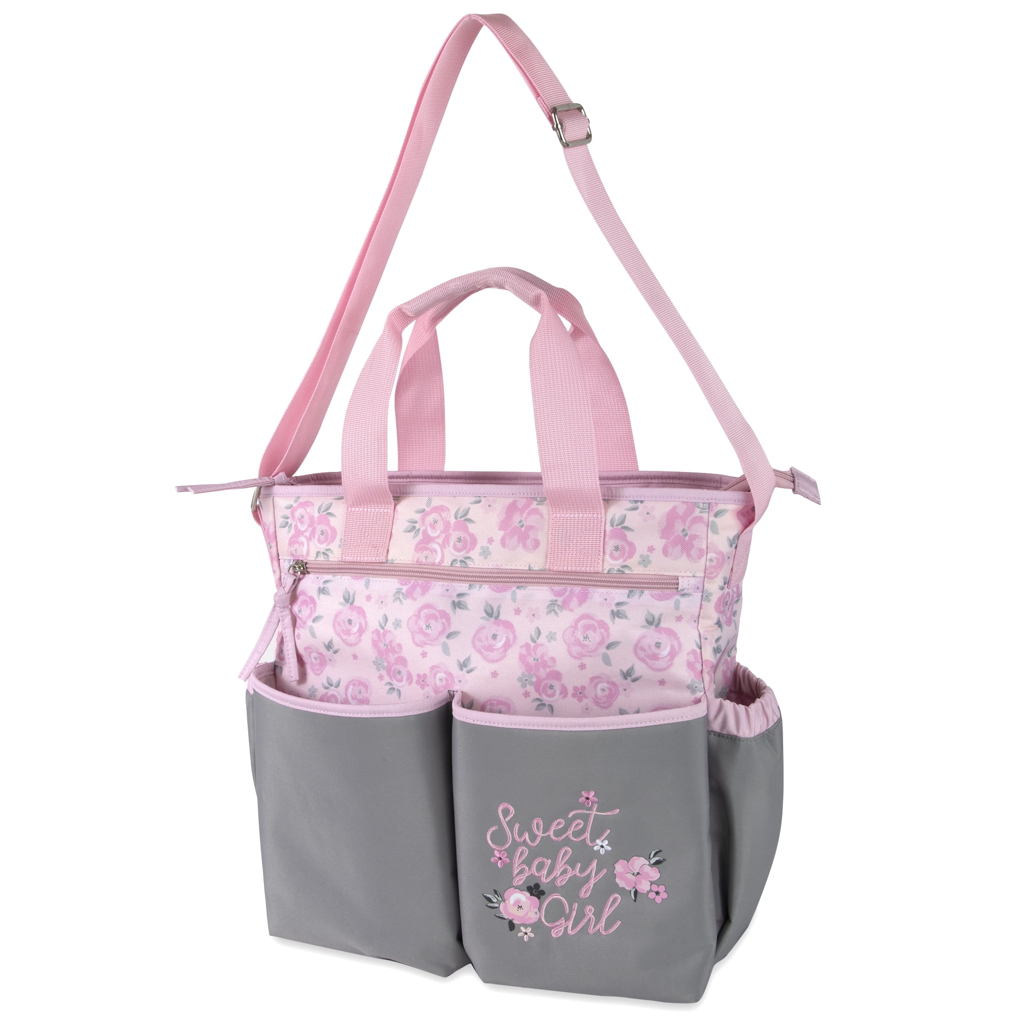 Baby Essentials Floral Crossbody Diaper Bag with Changing Pad & Pacifier Pouch, Pink & Gray, 3-Piece
