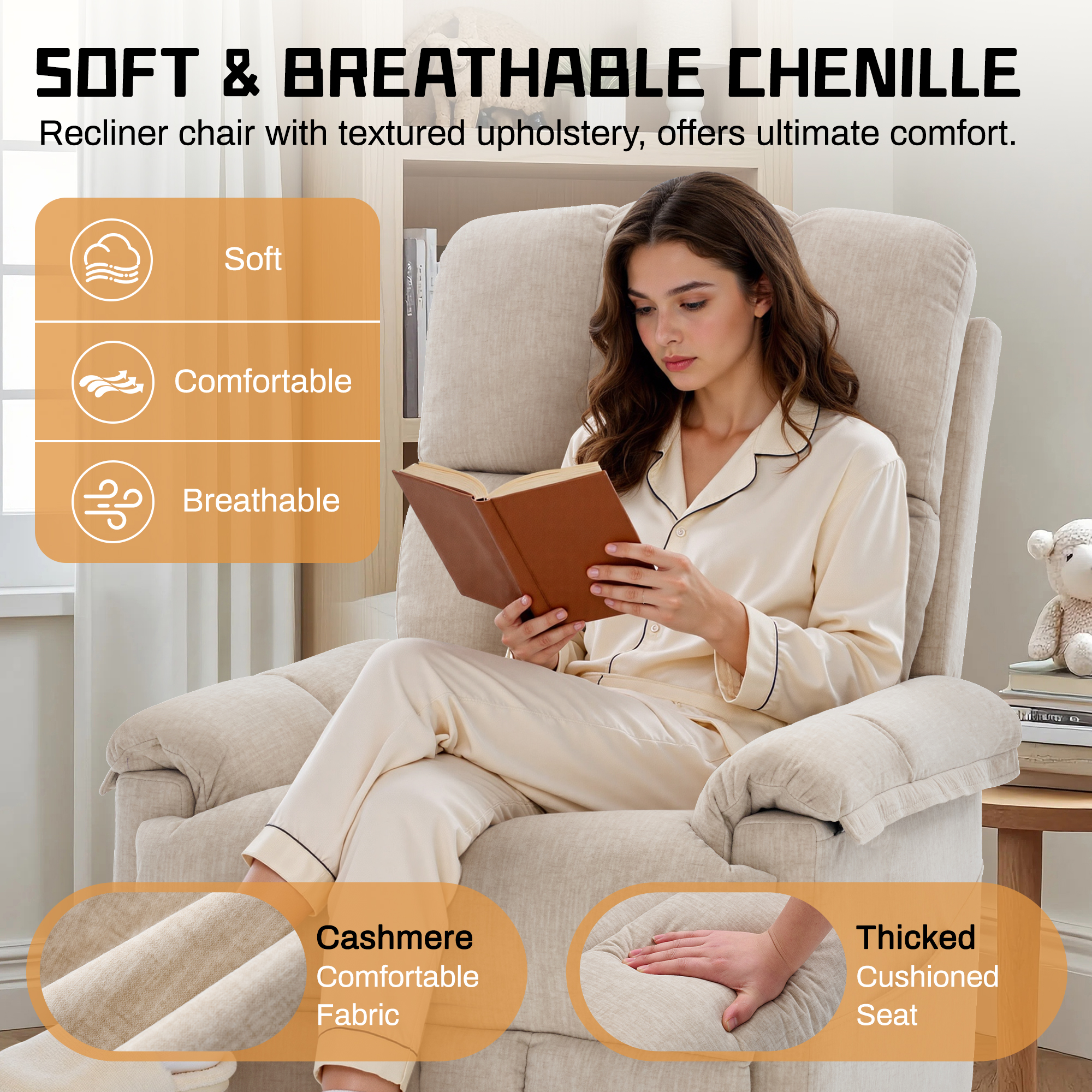 Korser 360°Swivel Recliner Chair for Adults with Side Pockets,Small Rocking Recliner for Small Spaces for Living Room,Nursery,Khaki