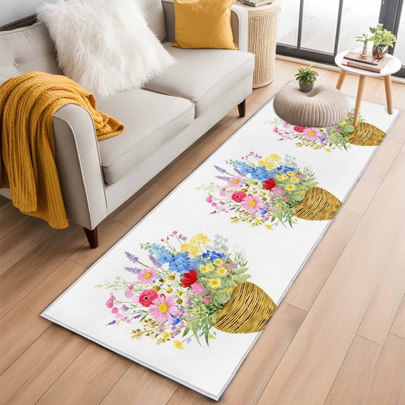 Spring Flowers Basket 2'x6' Runner Rugs for Hallway Kitchen Bedside Non Slip Washable, Colorful Floral Botanical Leaves Entryway Rug Runners with Rubber Backing, Long Carpet Runner for Laundry Room