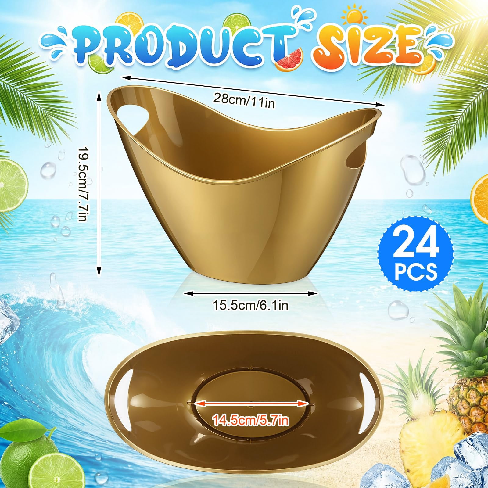 24 Pcs Oval Storage Tub with Handles 4 L Plastic Ice Bucket, Wine, Beer, Champagne Drink Cooler for Parties, Beverage Storage Basket Wine Buckets for Indoor Outdoor Cocktail Bars(Gold)