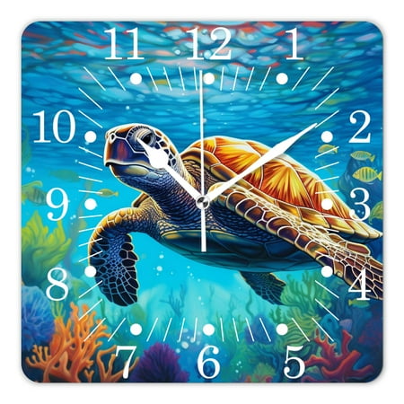14 Inch Wall Clock Battery Operated Square Clock for Office, Kitchen, Outdoor, Living Room,Cartoon Blue Sea Turtle Underwater Aquatic Ocean Clear Water Lovely