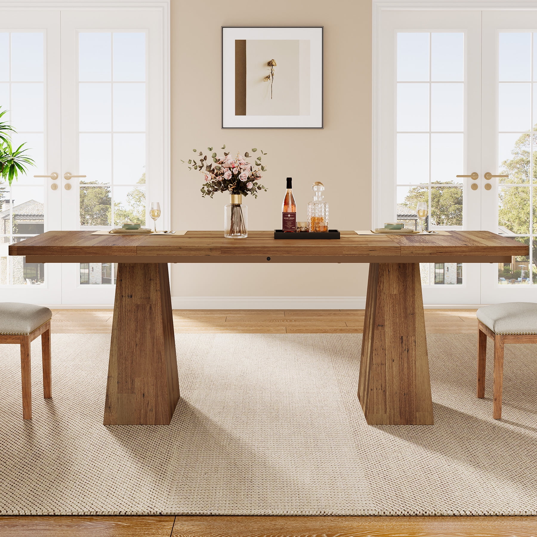 Finmind 63-inch Farmhouse Dining Table for 4-6 People, Modern Wooden Rectangular Kitchen Table for Dining Room, Light Brown