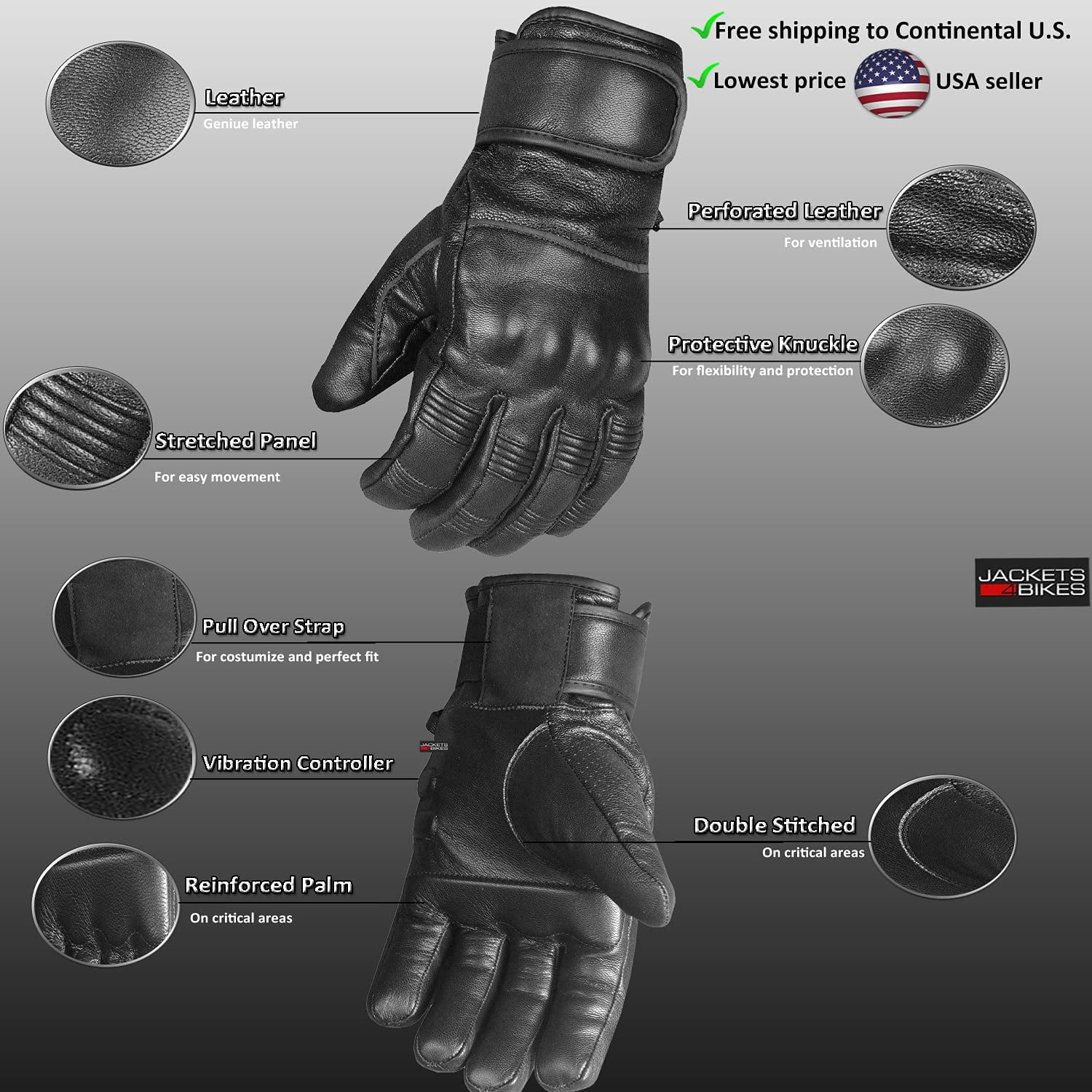 Men's Motorcycle Premium Leather Gel Padded Palm Street Cruiser Protected Biker Gloves Reflective Black M