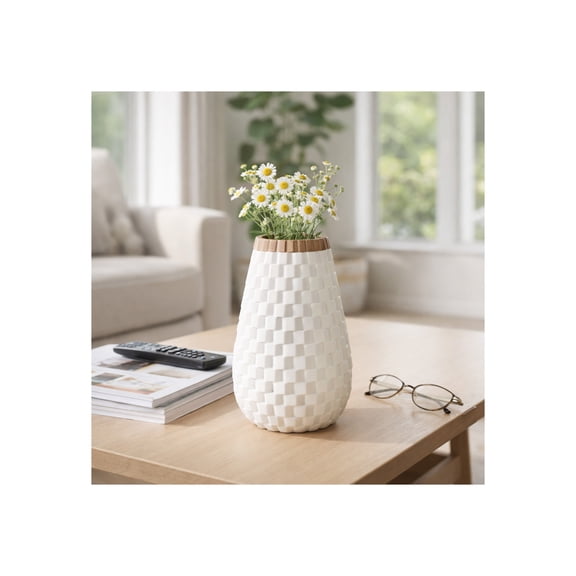 Textured Round Vase for Living Room Decor - Ceramic Flower Vase for Home, Bedroom, House and Office Table Display - Stoneware Style Accent for Console and Kitchen Counter - 9", White & Brown