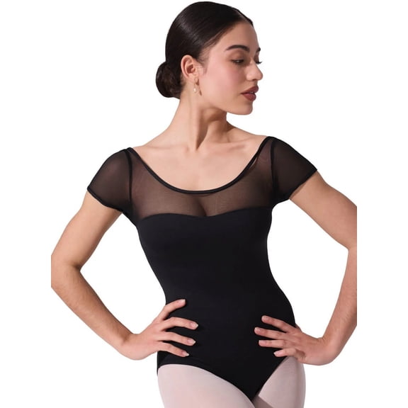 Capezio Studio Collection Mesh Yoke Shot Sleeve Leotard - SE1039W (Black, XS)